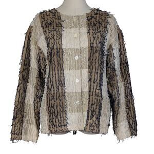 Boho Fringe Jacket Cream Navy Cotton Textured Cardigan Maximalist Lagom Sz Large